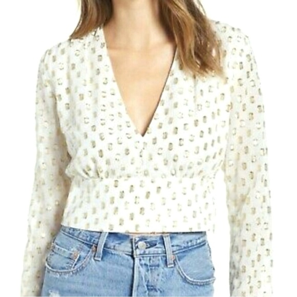 Leith Shirred V-Neck Women's M Long Sleeve Blouse Ivory Gold Metallic Cropped - Picture 1 of 12